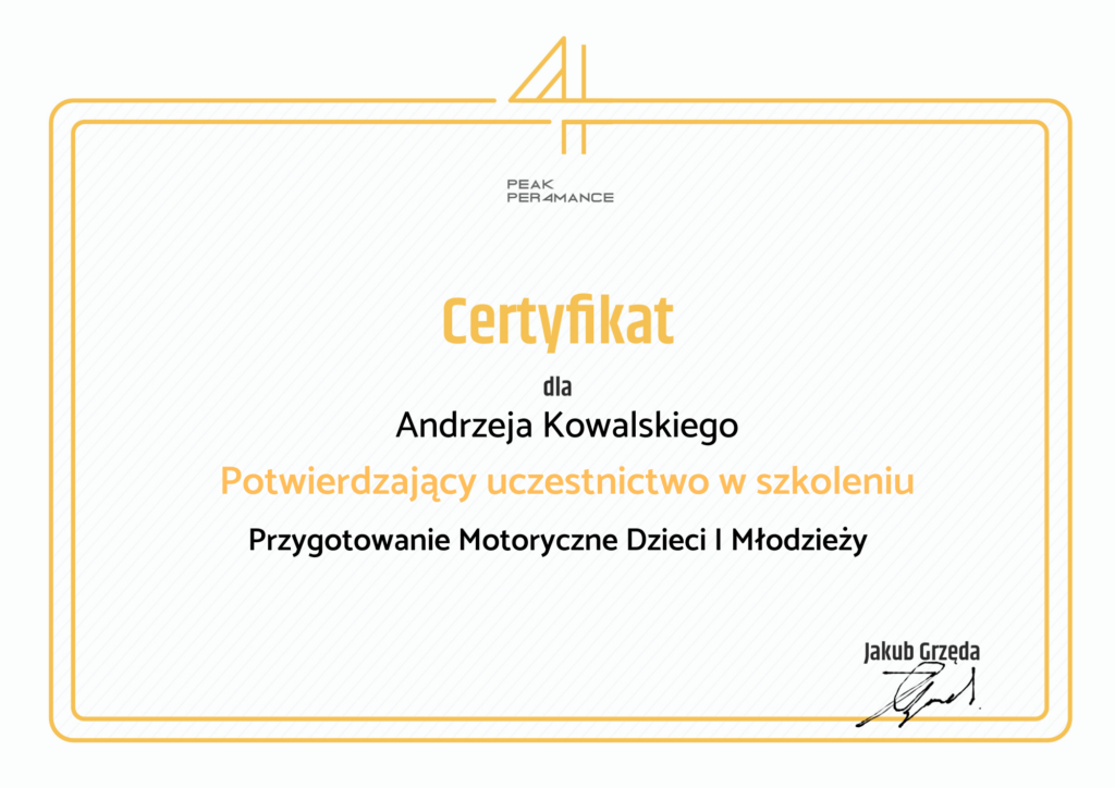 Certyfikat Szkolenie Przygotowanie motoryczne Dzieci i młodziezy